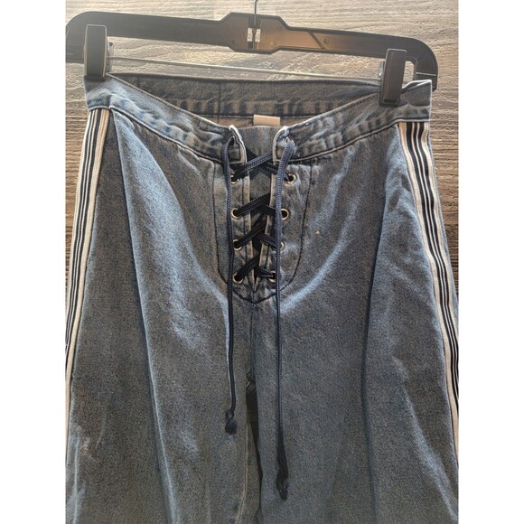 Blue Lace Up Mid Rise Flare Leg Side Stripes Y2K Rare Jeans Size 9 - Picture 3 of 10